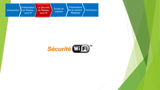 Sécurité
Introduction
Présentation
de Réseau
sans fil
La Sécurité
de Réseau
sans fil
Etude de
solution
Présentation
de la solution
Réalisée
Conclusion
 