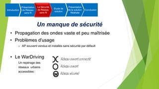 Un manque de sécurité
• Propagation des ondes vaste et peu maîtrisée
• Problèmes d'usage
o AP souvent vendus et installés sans sécurité par défault
• Le WarDriving
Un repérage des
réseaux urbains
accessibles :
Introduction
Présentation
de Réseau
sans fil
La Sécurité
de Réseau
sans fil
Etude de
solution
Présentation
de la solution
Réalisée
Conclusion
La Sécurité
de Réseau
sans fil
 