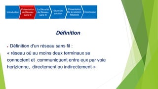 ● Définition d'un réseau sans fil :
« réseau où au moins deux terminaux se
connectent et communiquent entre eux par voie
hertzienne, directement ou indirectement »
Définition
Introduction
Présentation
de Réseau
sans fil
La Sécurité
de Réseau
sans fil
Etude de
solution
Présentation
de la solution
Réalisée
Conclusion
 