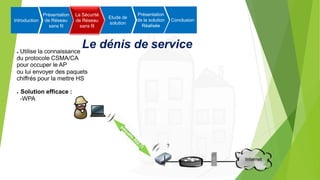 Le dénis de service
● Utilise la connaissance
du protocole CSMA/CA
pour occuper le AP
ou lui envoyer des paquets
chiffrés pour la mettre HS
● Solution efficace :
-WPA
Introduction
Présentation
de Réseau
sans fil
La Sécurité
de Réseau
sans fil
Etude de
solution
Présentation
de la solution
Réalisée
Conclusion
 