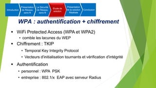 WPA : authentification + chiffrement
 WiFi Protected Access (WPA et WPA2)
• comble les lacunes du WEP
 Chiffrement : TKIP
• Temporal Key Integrity Protocol
• Vecteurs d'initialisation tournants et vérification d'intégrité
 Authentification
• personnel : WPA PSK
• entreprise : 802.1/x EAP avec serveur Radius
Introduction
Présentation
de Réseau
sans fil
La Sécurité
de Réseau
sans fil
Etude de
solution
Présentation
de la solution
Réalisée
Conclusion
 