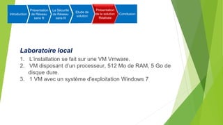 Laboratoire local
1. L’installation se fait sur une VM Vmware.
2. VM disposant d’un processeur, 512 Mo de RAM, 5 Go de
disque dure.
3. 1 VM avec un système d'exploitation Windows 7
Introduction
Présentation
de Réseau
sans fil
La Sécurité
de Réseau
sans fil
Etude de
solution
Présentation
de la solution
Réalisée
Conclusion
 