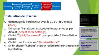 Installation de Pfsense
1. démarrage de l’ordinateur avec le CD ou l’ISO monté
(Boot)
2. Démarrer l’installation et accepter les paramètres par
default (Accept these Settings)
3. Choisir “Quick/Easy Install” pour procéder à l’installation
rapide
4. Choisir une installation “Standard Kernel“.
5. En fin choisir ”Reboot” et pour redémarrer sur la nouvelle
installation
Introduction
Présentation
de Réseau
sans fil
La Sécurité
de Réseau
sans fil
Etude de
solution
Présentation
de la solution
Réalisée
Conclusion
 