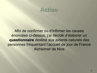 Afin de confirmer ou d’infirmer les causes
énoncées ci-dessus, j’ai décidé d’élaborer un
questionnaire destiné aux aidants naturels des
personnes fréquentant l’accueil de jour de France
Alzheimer de Nice
17
 