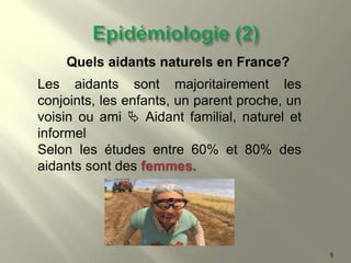 Quels aidants naturels en France?
Les aidants sont majoritairement les
conjoints, les enfants, un parent proche, un
voisin ou ami  Aidant familial, naturel et
informel
Selon les études entre 60% et 80% des
aidants sont des femmes.
5
 