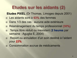 Etudes PIXEL (Dr Thomas, Limoges depuis 2001)
 Les aidants sont à 63% des femmes
 Dans 1/3 des cas : aucune aide extérieure
 Réaménagement du temps professionnel (30%)
 Temps libre réduit ou inexistant (2 heures par
semaine : Aguglia E, 2004)
 Report ou annulation d’un soin destiné à l’aidant
pour 22%
 Consommation accrue de médicaments
8
 