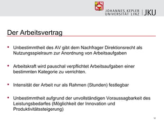 Der Arbeitsvertrag

 Unbestimmtheit des AV gibt dem Nachfrager Direktionsrecht als
  Nutzungsspielraum zur Anordnung von Arbeitsaufgaben

 Arbeitskraft wird pauschal verpflichtet Arbeitsaufgaben einer
  bestimmten Kategorie zu verrichten.

 Intensität der Arbeit nur als Rahmen (Stunden) festlegbar

 Unbestimmtheit aufgrund der unvollständigen Voraussagbarkeit des
  Leistungsbedarfes (Möglichkeit der Innovation und
  Produktivitätssteigerung)
                                                                     12
 