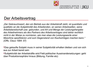 Der Arbeitsvertrag
„Der Gebrauchswert, den ein Betrieb aus der Arbeitskraft zieht, ist quantitativ und
qualitativ an die Subjektivität des Arbeitenden, an seinen Arbeitswillen, seine
Arbeitsbereitschaft usw. gebunden, und Art und Menge der Leistungshergabe
des Arbeitnehmers als des Partners des Arbeitsvertrages sind daher rechtlich
nicht in der Weise zu normieren, wie man etwa die Leistungswerte einer
Maschine spezifizieren und zum Gegenstand von Kaufverträgen machen kann.“
(Offe, Claus 1984: 57)

Das gekaufte Subjekt muss in seiner Subjektivität erhalten bleiben und von sich
aus zur Arbeit bereit sein
Subjektivität der Arbeitskräfte wird Feld politischer Auseinandersetzungen: geht
über Produktionssphäre hinaus (Bildung, Familie etc)



                                                                                      13
 