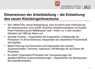 Dimensionen der Arbeitsteilung – die Entstehung
des neuen KleinbürgerInnentums
   Seit 1960er/70er Jahren Beobachtung, dass Annahme einer Polarisierung
    der Klassenstruktur nicht zutrifft. Zwischen ArbeiterInnenklasse und Kapital
    findet Veränderung der Mittelklassen statt – treten v.a. in den sozialen
    Kämpfen seit 1968 als Akteur auf.
   Zentrale Funktion – Organisation der Kooperation („Intellektuelle der
    Produktion“ im Sinne Gramscis). Kooperation als wesentliche Produktivkraft
    des Kapitals.
   Bedarf Planung und Kommando und Organisation des sozialen
    Zusammenhaltes: Techniker, Ingenieure, HR-Manager etc auf Ebene der
    Produktion.
   DL-Arbeit: Organisation/Produktion der Voraussetzungen der
    gesellschaftlichen Austauschbeziehungen – Reproduktion der Bedingungen
    des Kapitalkreislaufes.

                                                                                   19
 