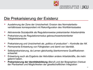 Die Prekarisierung der Existenz
   Ausdehnung der Zone der Unsicherheit: Erosion des Normalarbeits-
    verhältnisses korrespondiert mit Rekonfiguration des Wohlfahrtsstaates

   Aktivierende Sozialpolitik als Regulationsweise prekarisierter Arbeitsmärkte
   Prekarisierung als Regulationsmodus gebrauchswertorientierter
    Tätigkeitsbereiche

   Prekarisierung und Unsicherheit als „politics of production“ – Kontrolle der AK
   Permanente Entwertung von Fähigkeiten und damit von Identität.
   Selbstprekarisierung, da Lernen gleichzeitig überkommene Qualifikationen
    entwertet
   Entwertung auch als Ergebnis der Aktivitäten andere Arbeitskräfte, die mehr
    gelernt haben.
   Prekarisierung der Identitätsbildung (Beruf) und der Biographien (Verlust
    der Planbarkeit und Möglichkeiten der gesellschaftlichen Integration
                                                                                   31
 