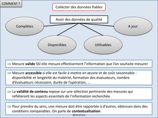COMMENT ?
Collecter des données fiables
Avoir des données de qualité
Complètes
Disponibles
A jour
Utilisables
 Mesure valide SSI elle mesure effectivement l’information que l’on souhaite mesurer
 Mesure accessible si elle est facile à mettre en œuvre et de coût raisonnable :
disponibilité et longévité du matériel, formation des évaluateurs, nombre
d’évaluateurs nécessaire, durée de l’opération, …
 La validité de contenu repose sur une sélection pertinente des mesures qui
refléteront les aspects essentiels de l’information recherchée.
 Pour prendre du sens, une mesure doit être rapportée à d’autres, obtenues dans des
conditions comparables. On parle de contextualisation.
@TomFrere
 