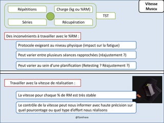 Vitesse
MuscuRépétitions Charge (kg ou %RM)
Séries Récupération
TST
Des inconvénients à travailler avec le %RM :
Protocole exigeant au niveau physique (impact sur la fatigue)
Peut varier entre plusieurs séances rapprochées (réajustement ?)
Peut varier au sein d’une planification (Retesting ? Réajustement ?)
Travailler avec la vitesse de réalisation :
La vitesse pour chaque % de RM est très stable
Le contrôle de la vitesse peut nous informer avec haute précision sur
quel pourcentage ou quel type d’effort nous réalisons
@TomFrere
 