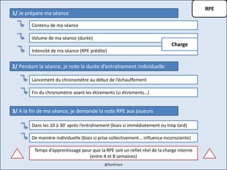RPE
2/ Pendant la séance, je note la durée d’entraînement individuelle
Lancement du chronomètre au début de l’échauffement
1/ Je prépare ma séance
Contenu de ma séance
Volume de ma séance (durée)
Intensité de ma séance (RPE prédite)
Fin du chronomètre avant les étirements (si étirements…)
Charge
3/ A la fin de ma séance, je demande la note RPE aux joueurs
Dans les 10 à 30’ après l’entraînement (biais si immédiatement ou trop tard)
De manière individuelle (biais si prise collectivement… influence inconsciente)
Temps d’apprentissage pour que la RPE soit un reflet réel de la charge interne
(entre 4 et 8 semaines)
@TomFrere
 