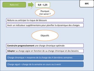 RPERatio A:C 0,8 – 1,25
Objectifs
Pourquoi
s’en servir ?
Réduire ou anticiper le risque de blessure
Avoir un indicateur supplémentaire pour planifier la dynamique des charges
Construire progressivement une charge chronique optimale
Adapter sa charge aigüe en fonction de sa charge chronique et des besoins
Charge chronique = moyenne de la charge des 4 dernières semaines
Charge aiguë = charge de la semaine en cours ou à venir
 