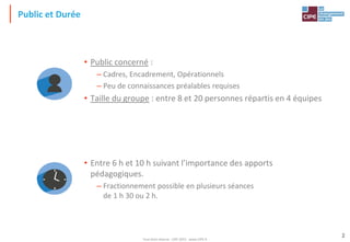 Tout droit réservé - CIPE 2015 - www.CIPE.fr
2
Public et Durée
• Public concerné :
– Cadres, Encadrement, Opérationnels
– Peu de connaissances préalables requises
• Taille du groupe : entre 8 et 20 personnes répartis en 4 équipes
• Entre 6 h et 10 h suivant l’importance des apports
pédagogiques.
– Fractionnement possible en plusieurs séances
de 1 h 30 ou 2 h.
 