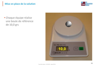 Tout droit réservé - CIPE 2015 - www.CIPE.fr
24
Mise en place de la solution
• Chaque équipe réalise
une boule de référence
de 10,0 grs
10,0
 