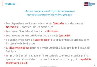 Tout droit réservé - CIPE 2015 - www.CIPE.fr
39
Synthèse
Aucun procédé n'est capable de produire
toujours exactement le même produit
• Les dispersions sont dues à des causes Spéciales et à des causes
Normales : il convient de les distinguer
• Les causes Spéciales doivent être éliminées
• Les moyens de mesure doivent être validés (test R&R)
• Il est plus important de viser la cible, que d'avoir tous les points dans
l'intervalle de tolérance
• La dispersion de 6σ permet d'avoir 99,99966 % de produits bons, soit
3,4 Ppm
• Un procédé est dit capable si l'intervalle de tolérance est plus grand
que la dispersion aléatoire du procédé (avec une marge, càd capabilité
supérieure à 1,33)
 