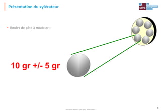 Tout droit réservé - CIPE 2015 - www.CIPE.fr
5
• Boules de pâte à modeler :
Présentation du xylérateur
10 gr +/- 5 gr
 