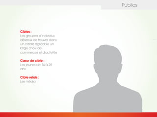 Publics
Cibles :
Les groupes d'individus
désireux de trouver dans
un cadre agréable un
large choix de
commerces et d'activités
Cœur de cible :
Les jeunes de 14 à 25
ans
Cible relais :
Les média
 