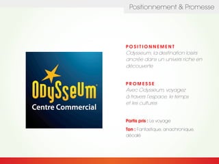 Positionnement & Promesse
P O S I T I O N N E M E N T
Odysseum, la destination loisirs
ancrée dans un univers riche en
découverte
P R O M E S S E
Avec Odysseum, voyagez
à travers l’espace, le temps
et les cultures
Partis pris : Le voyage
Ton : Fantastique, anachronique,
décalé
 