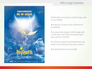 Affichage Mystère
• Première campagne d’affichage axée
sur le mystère
• Instaurer l’univers voulu et lancer le
storytelling
• La seconde vague d’affichage sera
construite sur le même principe avec
ajout de la mascotte
• L’affiche prévient de l’événement qui
seras mis en place et du spot cinéma
• Favoriser le bouche-à-oreille
 