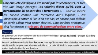 Le vrai problème résidait dans les murs, tant qu’ils seraient des obstacles infranchissables, il
serait inutile de proposer d’autres solutions. La priorité était la suppression des murs ou au
moins la diminution de leur hauteur.
Une enquête classique a été mené par les chercheurs, et très
vite une image émerge : Les salariés disent qu’ici, c’est la
bureaucratie, ici ce sont des « forteresses », chaque service
est conçue comme une forteresse dans laquelle il est
impossible d’entrer si l’on n’en est pas, et encore plus difficile
de sortir. Mieux vaut rester chez soi. Cinq services principaux,
cinq forteresses et très peu de communications entre elles..
Constat
En partant d’une analyse erronée des dysfonctionnements,
les « cercles de qualité » avaient eu comme
résultat d’augmenter ces derniers !
La première condition d’introduction du changement est donc la bonne connaissance des problèmes réels
 