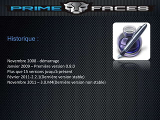 Historique :


Novembre 2008 - démarrage
Janvier 2009 – Première version 0.8.0
Plus que 15 versions jusqu’à présent
Février 2011-2.2.1(Dernière version stable)
Novembre 2011 – 3.0.M4(Dernière version non stable)
 