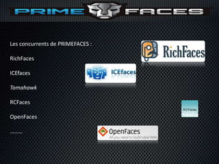 Les concurrents de PRIMEFACES :

RichFaces

ICEfaces

Tomahawk

RCFaces

OpenFaces

………
 