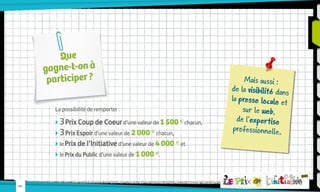Que
gagne-t-on à
participer ?
La possibilité de remporter :
 3 Prix Coup de Coeur d’une valeur de 1 500 € chacun,
 3 Prix Espoir d’une valeur de 2 000 € chacun,
 le Prix de l’Initiative d’une valeur de 4 000 € et
 le Prix du Public d’une valeur de 1 000 €.

-02-

Mais aussi :
de la visibilité dans
la presse locale et
sur le web,
de l’expertise
professionnelle.

 