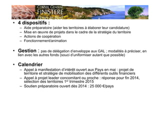 • 4 dispositifs :
– Aide préparatoire (aider les territoires à élaborer leur candidature)
– Mise en œuvre de projets dans le cadre de la stratégie du territoire
– Actions de coopération
– Fonctionnement/animation
• Gestion : pas de délégation d’enveloppe aux GAL ; modalités à préciser, en
lien avec les autres fonds (souci d’uniformiser autant que possible)
• Calendrier
– Appel à manifestation d’intérêt ouvert aux Pays en mai : projet de
territoire et stratégie de mobilisation des différents outils financiers
– Appel à projet leader concomitant ou proche : réponse pour fin 2014,
sélection des territoires 1er trimestre 2015
– Soutien préparatoire ouvert dès 2014 : 25 000 €/pays
 