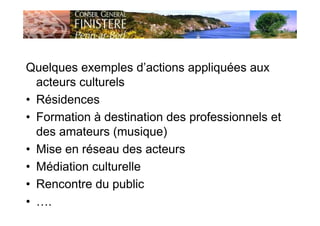 Quelques exemples d’actions appliquées aux
acteurs culturels
• Résidences
• Formation à destination des professionnels et
des amateurs (musique)
• Mise en réseau des acteurs
• Médiation culturelle
• Rencontre du public
• ….
 