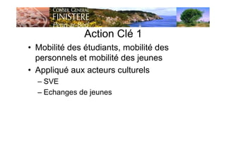 Action Clé 1
• Mobilité des étudiants, mobilité des
personnels et mobilité des jeunes
• Appliqué aux acteurs culturels
– SVE
– Echanges de jeunes
 