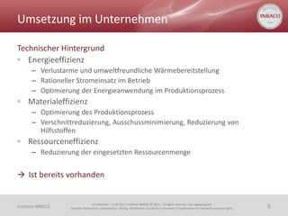 Umsetzung im Unternehmen

Technischer Hintergrund
◦ Energieeffizienz
       – Verlustarme und umweltfreundliche Wärmebereitstellung
       – Rationeller Stromeinsatz im Betrieb
       – Optimierung der Energieanwendung im Produktionsprozess
◦ Materialeffizienz
       – Optimierung des Produktionsprozess
       – Verschnittreduzierung, Ausschussminimierung, Reduzierung von
         Hilfsstoffen
◦ Ressourceneffizienz
       – Reduzierung der eingesetzten Ressourcenmenge


 Ist bereits vorhanden


                                    Confidential | 13.06.2011| Institute INBACO © 2011 | All rights reserved, also regarding any
Institute INBACO   disposal, exploitation, reproduction, editing, distribution, as well as in the event of applications for industrial property rights.   6
 