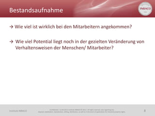 Bestandsaufnahme

 Wie viel ist wirklich bei den Mitarbeitern angekommen?


 Wie viel Potential liegt noch in der gezielten Veränderung von
     Verhaltensweisen der Menschen/ Mitarbeiter?




                                    Confidential | 13.06.2011| Institute INBACO © 2011 | All rights reserved, also regarding any
Institute INBACO   disposal, exploitation, reproduction, editing, distribution, as well as in the event of applications for industrial property rights.   8
 