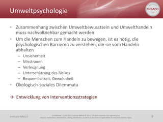 Umweltpsychologie

◦ Zusammenhang zwischen Umweltbewusstsein und Umwelthandeln
  muss nachvollziehbar gemacht werden
◦ Um die Menschen zum Handeln zu bewegen, ist es nötig, die
  psychologischen Barrieren zu verstehen, die sie vom Handeln
  abhalten
       –   Unsicherheit
       –   Misstrauen
       –   Verleugnung
       –   Unterschätzung des Risikos
       –   Bequemlichkeit, Gewohnheit
◦ Ökologisch-soziales Dilemmata

 Entwicklung von Interventionsstrategien



                                    Confidential | 13.06.2011| Institute INBACO © 2011 | All rights reserved, also regarding any
Institute INBACO   disposal, exploitation, reproduction, editing, distribution, as well as in the event of applications for industrial property rights.   9
 