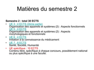Matières du semestre 2
Semestre 2 : total 30 ECTS
• UE 3 : 4 ECTS (2ème partie)
Organisation des appareils et systèmes (2) : Aspects fonctionnels
UE 5 : 4 ECTS
Organisation des appareils et systèmes (2) : Aspects
morphologiques et fonctionnels
• UE 6 : 4 ECTS
Initiation à la connaissance du médicament
• UE 7 : 8 ECTS
Santé, Société, Humanité
• UE spécifique : 10 ECTS
Contenu libre, spécifique à chaque concours, possiblement national
ou plus spécifique à une faculté.
 