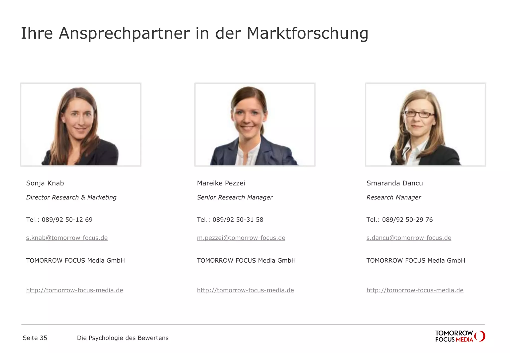 Ihre Ansprechpartner in der Marktforschung 
Sonja Knab 
Director Research & Marketing 
Tel.: 089/92 50-12 69 
s.knab@tomorrow-focus.de 
TOMORROW FOCUS Media GmbH 
http://tomorrow-focus-media.de 
Mareike Pezzei 
Senior Research Manager 
Tel.: 089/92 50-31 58 
m.pezzei@tomorrow-focus.de 
TOMORROW FOCUS Media GmbH 
http://tomorrow-focus-media.de 
Smaranda Dancu 
Research Manager 
Tel.: 089/92 50-29 76 
s.dancu@tomorrow-focus.de 
TOMORROW FOCUS Media GmbH 
http://tomorrow-focus-media.de 
Seite 35 Die Psychologie des Bewertens 
