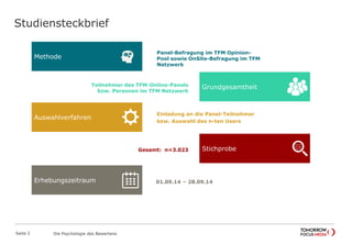 Studiensteckbrief 
Panel-Befragung im TFM Opinion- 
Pool sowie OnSite-Befragung im TFM 
Netzwerk 
Teilnehmer des TFM-Online-Panels 
bzw. Personen im TFM Netzwerk 
Die Psychologie des Bewertens 
Einladung an die Panel-Teilnehmer 
bzw. Auswahl des n-ten Users 
Methode 
Gesamt: n=3.023 
Stichprobe 
01.09.14 – 28.09.14 
Auswahlverfahren 
Erhebungszeitraum 
Grundgesamtheit 
Seite 2 
 