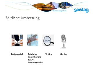 Zeitliche Umsetzung




   Erstgespräch   Publisher     Testing   Go live
                  Vereinbarung
                  & API
                  Dokumentation
 
