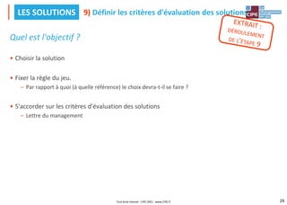 29
Quel est l'objectif ?
• Choisir la solution
• Fixer la règle du jeu.
– Par rapport à quoi (à quelle référence) le choix devra-t-il se faire ?
• S'accorder sur les critères d'évaluation des solutions
– Lettre du management
9) Définir les critères d'évaluation des solutions
LES SOLUTIONS
Tout droit réservé - CIPE 2021 - www.CIPE.fr
 