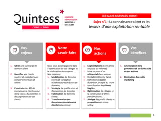 1. Gérer une surcharge de
données client
2. Identifier vos clients,
repérer et exploiter leurs
comportements on et
offline
3. Construire des KPI de
connaissance client autour
de la valeur, du potentiel et
des aspirations de vos
clients
1. Segmentations clients (mise
en place ou refonte)
2. Mise en place d’un
référentiel client unique
3. Rentabilité Client / Canal
4. Définition de scores
d’attrition, analyse du churn
5. Identification des clients
fragiles
6. Optimisation de ciblages et
la construction d’offres
personnalisées
7. Analyse des profils clients et
propositions de cross-
selling
Nos
actions
Vos
enjeux
Nous vous accompagnons dans
l’optimisation de vos ciblages et
la réallocation des moyens.
Nos missions :
1. Modélisation de données
clients et conception
d’architectures de bases de
données
2. Stratégie de qualification et
d'acquisition de données
3. Fiabilisation de données
clients
4. Transformation des
données en connaissance
clients (datamining)
Notre
savoir-faire
Sujet n°1 : La connaissance client et les
leviers d’une exploitation rentable
LES SUJETS MAJEURS DU MOMENT
1. Amélioration de la
pertinence et de l’efficacité
de vos actions
2. Diminution des coûts
marketing
Vos
bénéfices
5
 