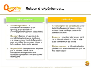 Retour d’expérience…

            Mise en œuvre                                                                Utilisation

•   Accompagnement : la                                           •     Accompagner les utilisateurs : pour
    dématérialisation est un sujet                                      éviter les fausse manœuvres et les
    spécifique qui requiert un                                          erreurs impactant le processus de
    accompagnement par des spécialistes                                 dématérialisation
•   Rigueur : la mise en œuvre de la
    dématérialisation impose quelques                             •     Déployer : pour tirer pleinement parti
    manœuvres dans l’outil de facturation                               de la dématérialisation il faut le faire
    pour normaliser les comptes clients et                              avec un maximum de clients
    le format des factures (et avoirs)
                                                                  •     Mettre en avant : la dématérialisation
•   Disponibilité : les opérations requises                             peut être un atout concurrentiel qu’il ne
    par la mise en œuvre de la                                          faut pas négliger
    dématérialisation peuvent être
    réalisées rapidement si on s’en donne
    les moyens




             © QWEEBY – 2011 – La technologie Qweeby est protégée par l’APP – Qweeby est une marque déposée
 