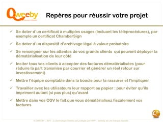 Repères pour réussir votre projet

 Se doter d’un certificat à multiples usages (incluant les téléprocédures), par
  exemple un certificat ChamberSign

 Se doter d’un dispositif d’archivage légal à valeur probatoire
 Se renseigner sur les attentes de vos grands clients qui peuvent déployer la
  dématérialisation de leur côté
 Inciter tous vos clients à accepter des factures dématérialisées (pour
  réduire la part transmise par courrier et générer un réel retour sur
  investissement)

 Mettre l’équipe comptable dans la boucle pour la rassurer et l’impliquer
 Travailler avec les utilisateurs leur rapport au papier : pour éviter qu’ils
  impriment autant (si pas plus) qu’avant
 Mettre dans vos CGV le fait que vous dématérialisez fiscalement vos
  factures


             © QWEEBY – 2011 – La technologie Qweeby est protégée par l’APP – Qweeby est une marque déposée
 