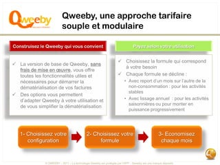 Qweeby, une approche tarifaire
                          souple et modulaire

Construisez le Qweeby qui vous convient                                       Payez selon votre utilisation


                                                                    Choisissez la formule qui correspond
 La version de base de Qweeby, sans
                                                                     à votre besoin
  frais de mise en œuvre, vous offre
  toutes les fonctionnalités utiles et                              Chaque formule se décline :
  nécessaires pour démarrer la                                          • Avec report d’un mois sur l’autre de la
  dématérialisation de vos factures                                       non-consommation : pour les activités
                                                                          stables
 Des options vous permettent
  d’adapter Qweeby à votre utilisation et                               • Avec lissage annuel : pour les activités
                                                                          saisonnières ou pour monter en
  de vous simplifier la dématérialisation
                                                                          puissance progressivement




   1- Choisissez votre                      2- Choisissez votre                                  3- Economisez
      configuration                              formule                                          chaque mois


              © QWEEBY – 2011 – La technologie Qweeby est protégée par l’APP – Qweeby est une marque déposée
 