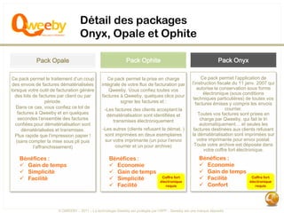 Détail des packages
                                   Onyx, Opale et Ophite

            Pack Opale                                       Pack Ophite                                         Pack Onyx

Ce pack permet le traitement d’un coup            Ce pack permet la prise en charge                      Ce pack permet l’application de
 des envois de factures dématérialisées        intégrale de votre flux de facturation par          l’instruction fiscale du 11 janv. 2007 qui
lorsque votre outil de facturation génère          Qweeby. Vous confiez toutes vos                    autorise la conservation sous forme
                                                                                                          électronique (sous conditions
  des lots de factures par client ou par       factures à Qweeby, quelques clics pour
                                                                                                    techniques particulières) de toutes vos
                   période.                             signer les factures et :                     factures émises y compris les envois
   Dans ce cas, vous confiez ce lot de                                                                               courrier.
                                                 -Les factures des clients acceptant la
    factures à Qweeby et en quelques                                                                   Toutes vos factures sont prises en
                                                  dématérialisation sont identifiées et
    secondes l’ensemble des factures                                                                    charge par Qweeby, qui fait le tri
                                                     transmises électroniquement
  confiées pour dématérialisation sont                                                                  automatiquement… et seules les
      dématérialisées et transmises.            -Les autres (clients refusant la démat. )           factures destinées aux clients refusant
  Plus rapide que l’impression papier !          sont imprimées en deux exemplaires                la dématérialisation sont imprimées sur
   (sans compter la mise sous pli puis           sur votre imprimante (un pour l’envoi                votre imprimante pour envoi postal.
            l’affranchissement)                       courrier et un pour archive)                   Toute votre archive est déposée dans
                                                                                                          votre coffre fort électronique.
    Bénéfices :                                    Bénéfices :                                         Bénéfices :
     Gain de temps                                 Economie                                           Economie
     Simplicité                                    Gain de temps                                      Gain de temps
     Facilité                                      Simplicité                  Coffre fort            Facilité                Coffre fort
                                                                                électronique                                    électronique
                                                    Facilité                      requis               Confort                   requis




                       © QWEEBY – 2011 – La technologie Qweeby est protégée par l’APP – Qweeby est une marque déposée
 