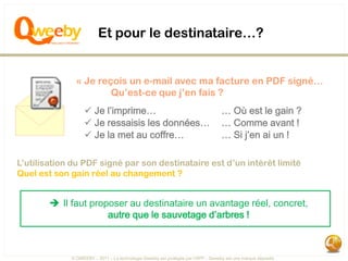 Et pour le destinataire…?


               « Je reçois un e-mail avec ma facture en PDF signé…
                       Qu’est-ce que j’en fais ?
                   Je l’imprime…                                                 … Où est le gain ?
                   Je ressaisis les données…                                     … Comme avant !
                   Je la met au coffre…                                          … Si j’en ai un !

L’utilisation du PDF signé par son destinataire est d’un intérêt limité
Quel est son gain réel au changement ?


         Il faut proposer au destinataire un avantage réel, concret,
                      autre que le sauvetage d’arbres !



             © QWEEBY – 2011 – La technologie Qweeby est protégée par l’APP – Qweeby est une marque déposée
 