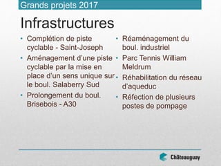 • Complétion de piste
cyclable - Saint-Joseph
• Aménagement d’une piste
cyclable par la mise en
place d’un sens unique sur
le boul. Salaberry Sud
• Prolongement du boul.
Brisebois - A30
• Réaménagement du
boul. industriel
• Parc Tennis William
Meldrum
• Réhabilitation du réseau
d’aqueduc
• Réfection de plusieurs
postes de pompage
Grands projets 2017
Infrastructures
 