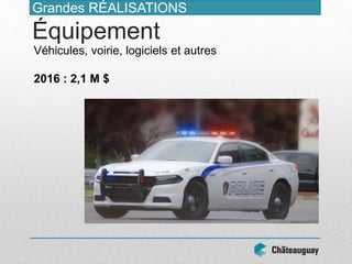 Grandes RÉALISATIONS
Équipement
Véhicules, voirie, logiciels et autres
2016 : 2,1 M $
 