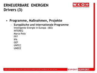 ERNEUERBARE  ENERGIEN Drivers (3)Programme, Maßnahmen, ProjekteEuropäische und internationale ProgrammeIntelligenteEnergie in Europa  (IEE)INTEREGMarco PoloFP7IPAGEFUNFCCUNECE