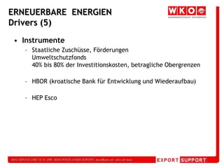 ERNEUERBARE  ENERGIEN Drivers (5)InstrumenteStaatliche Zuschüsse, FörderungenUmweltschutzfonds40% bis 80% der Investitionskosten, betragliche ObergrenzenHBOR (kroatische Bank für Entwicklung und Wiederaufbau)HEP Esco